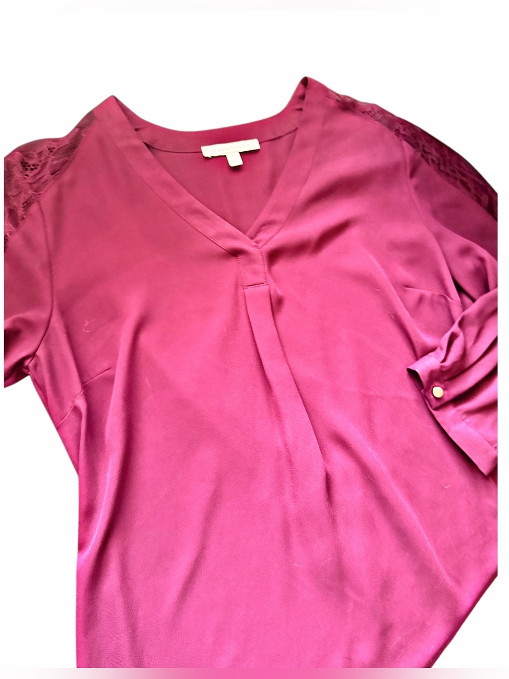 Women's V-Neck Lace-Shoulder Blouse in Magenta